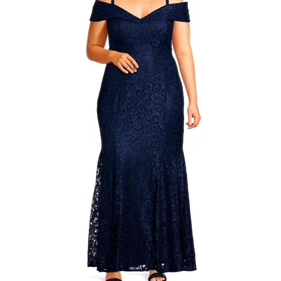 R & M Richards Navy Plus Size Lace Off the Shoulder Gown R & M Richards Navy Plus Size Lace Off the Shoulder Gown